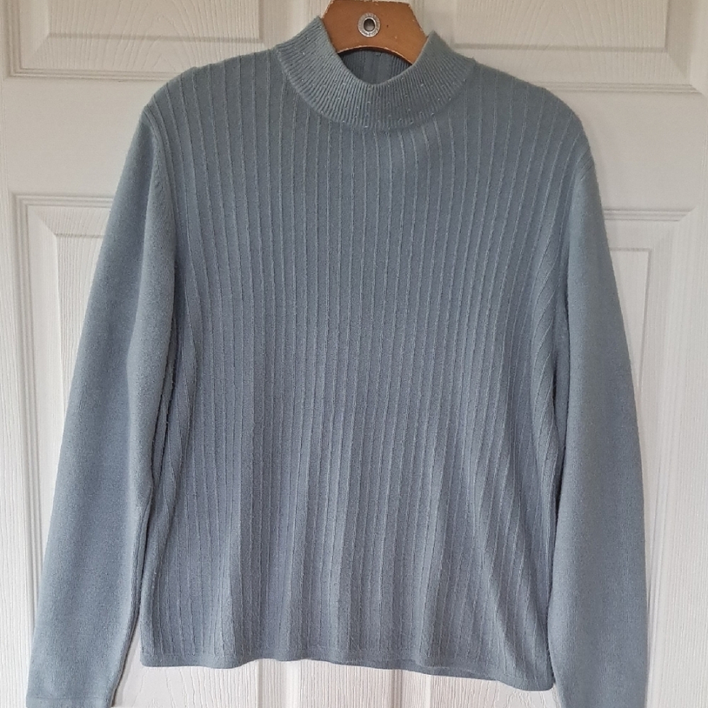 Koret Soft Blue Cozy Mock Neck Lightweight Dressy Classic Rhinestone Sweater